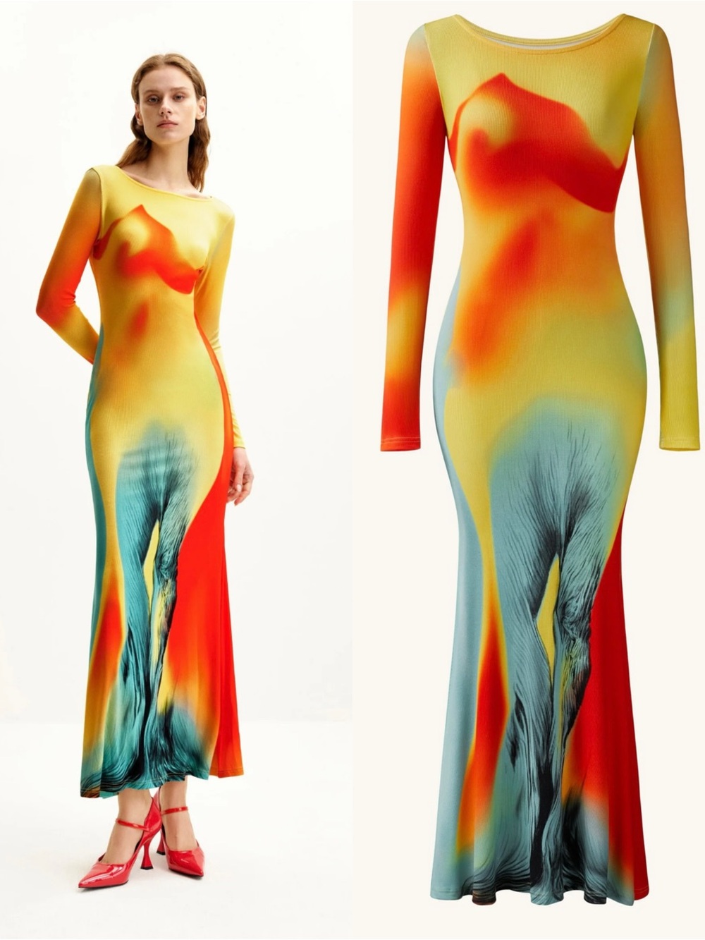 JW PEI Lily Illusion Statement Abstract Art Print Bodycon Maxi Dress Size 6 NWT